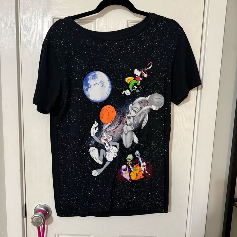 Space Jam Looney Tunes Graphic Tee Galaxy Basketball Shirt L